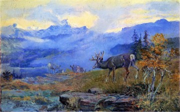 Animal Painting - Ciervos pastando 1912 Charles Marion Russell ciervos
